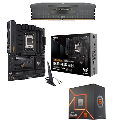 Mémoire vive Vengeance DDR5 16 Go de Corsair, carte mère Wi-Fi 6 ATX AM5 B650-Plus Gaming et processeur 6 coeurs Ryzen 5 7600