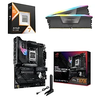 Processeur 8 coeurs Ryzen 7 9850X3D AM5 d'AMD, mémoire vive DDR5 32 Go et carte mère de jeu Wi-Fi 7 AM5 DDR5 ROG Strix X870E-E