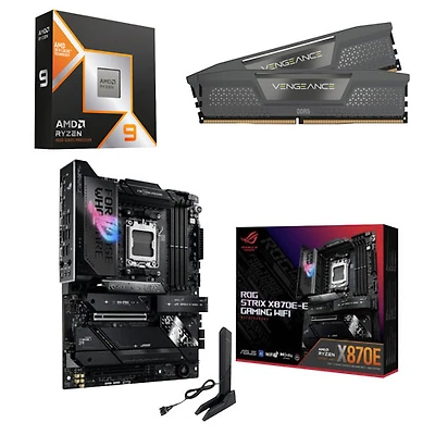 Processeur 16 coeurs Ryzen 9 9950X3D AM5 d'AMD, mémoire vive Vengeance 32 Go et carte mère de jeu Wi-Fi 7 AM5 ROG Strix X870E-E