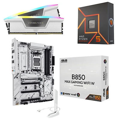 Mémoire vive Vengeance RGB DDR5 64 Go de Corsair, processeur Ryzen 5 7600X AM5 et B850 carte mère Max Gaming Wi-Fi W ATX AM5