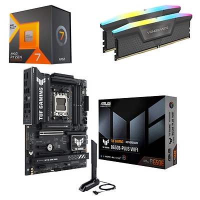 Processeur 8 coeurs Ryzen 7 7800X3D 4,2 GHz AM5 d'AMD, mémoire vive Vengeance RVB DDR5 16 Go et carte mère Wi-Fi 6E AM5 DDR5 B650E-PLUS