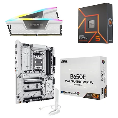 Corsair Vengeance RGB 32GB DDR5 Desktop Memory, Ryzen 5 7600X 6-Core 4.7GHz AM5 Processor & B650E MAX Gaming Wi-Fi AMD AM5 DDR5 Motherboard