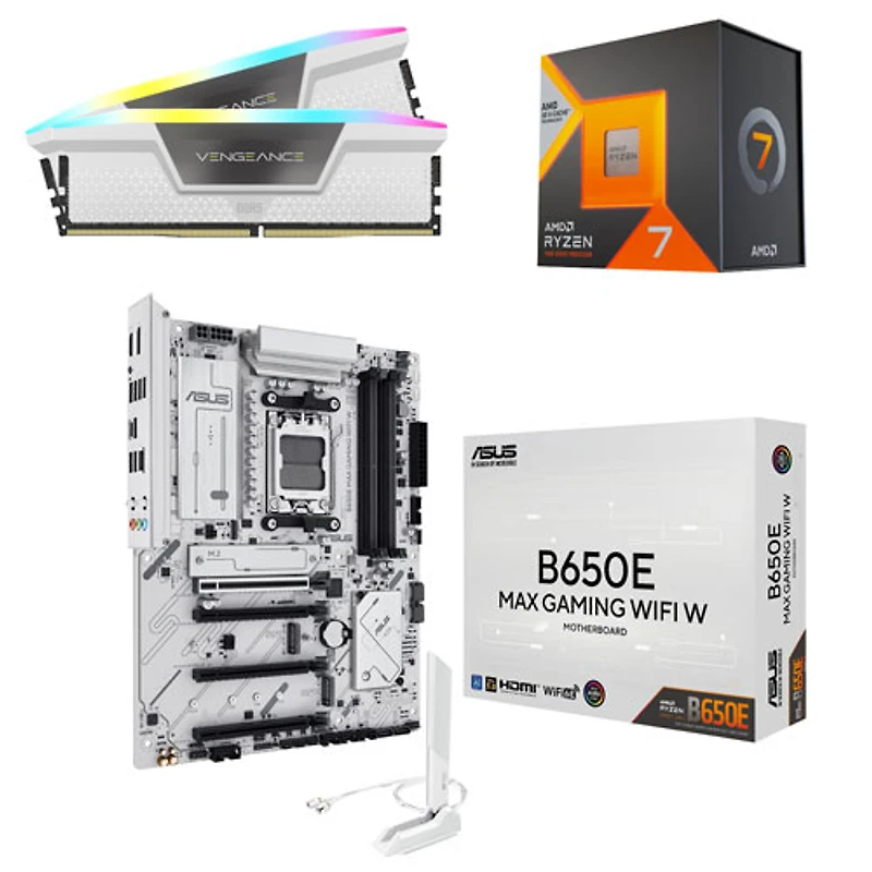 Mémoire vive Vengeance RGB DDR5 32 Go de Corsair, processeur Ryzen 7 7800X3D AM5 d'AMD et carte mère B650E MAX Gaming Wi-Fi AM5 DDR5 d'AMD