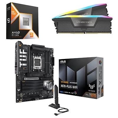 Processeur Ryzen 9 9900X3D AM5 d'AMD, mémoire vive Vengeance RVB DDR5 32 Go et carte mère Wi-Fi 7 ATX AM5 TUF GAMING X870-PLUS