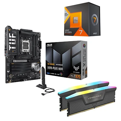 Processeur 8 coeurs Ryzen 7 7800X3D AM5 d'AMD, mémoire vive Vengeance RGB DDR5 16 Go et carte mère Wi-Fi 7 ATX AM5 TUF GAMING X870-PLUS