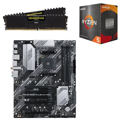 Mémoire vive Vengeance LPX DDR4 32 Go de Corsair, carte mère Prime B550-Plus AC-HES Wi-Fi 5 AM4 et processeur hexacoeur Ryzen 5 5500