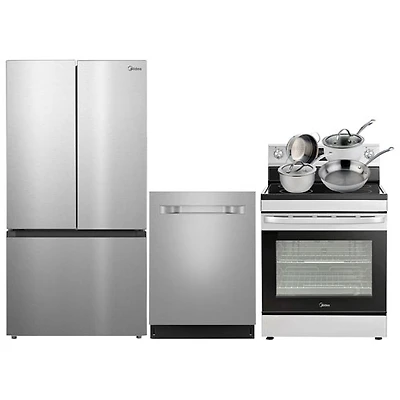 Midea 33" 22.6 Cu. Ft. Counter Depth French Door Refrigerator; Dishwasher; Electric Range; Cookware Set - SS