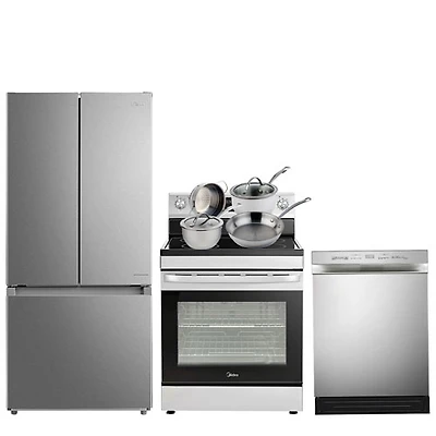 Midea 30" 18.4 Cu. Ft. French Door Refrigerator; Electric Range; Dishwasher; Cookware Set - SS