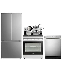 Midea 30" 18.4 Cu. Ft. French Door Refrigerator; Electric Range; Dishwasher; Cookware Set - SS