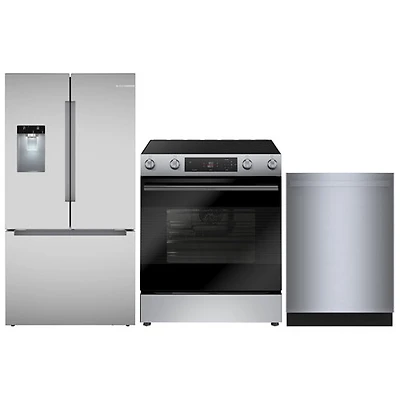 Bosch 36" 26 Cu. Ft. French Door Refrigerator w/W&I Dispenser; Electric Air Fry Range; Dishwasher - SS