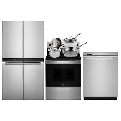 Whirlpool 36" 19.4 Cu. Ft. French Door Refrigerator; Electric Range; Dishwasher; Cookware Set - SS