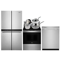 Whirlpool 36" 19.4 Cu. Ft. French Door Refrigerator; Electric Range; Dishwasher; Cookware Set - SS