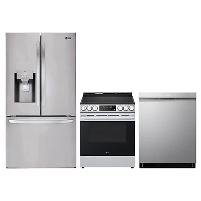 LG 36" 27.7 Cu. Ft. French Door Refrigerator; Electric Air Fry Range; Dishwasher - Stainless Steel