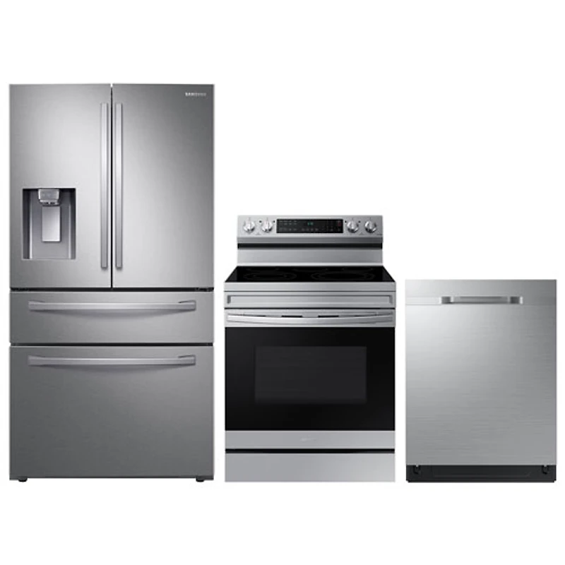 Réfrigérateur à deux portes 28 pi³ 36 po; Cuisinière électrique avec friture à air chaud; Lave-vaisselle de Samsung - Acier inoxydable