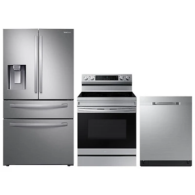 Réfrigérateur à deux portes 28 pi³ 36 po; Cuisinière électrique avec friture à air chaud; Lave-vaisselle de Samsung - Acier inoxydable