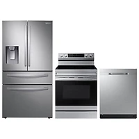 Réfrigérateur à deux portes 28 pi³ 36 po; Cuisinière électrique avec friture à air chaud; Lave-vaisselle de Samsung - Acier inoxydable