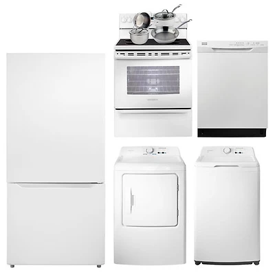 Ensemble Insignia réfrigérateur à congélateur inférieur 18,6 pi³ 30 po; Cuisinière électrique; Lave-vaisselle; Sécheuse; Laveuse; Batterie de cuisine