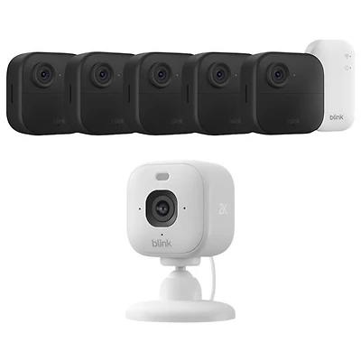 Blink Outdoor 4 5-Pack Wire-Free 1080p Full HD IP Security Camera System with Sync Module Core & Mini 2K+ Wired IP Camera -Black/White