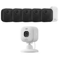 Blink Outdoor 4 5-Pack Wire-Free 1080p Full HD IP Security Camera System with Sync Module Core & Mini 2K+ Wired IP Camera -Black/White