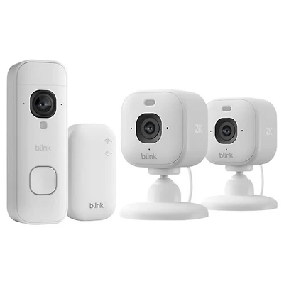 Blink 2K+ Wire-Free Wi-Fi V ideo Doorbell System & 2-Pack Mini 2K+ Wired Indoor/Outdoor IP Camera - White