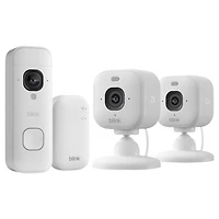 Blink 2K+ Wire-Free Wi-Fi V ideo Doorbell System & 2-Pack Mini 2K+ Wired Indoor/Outdoor IP Camera - White