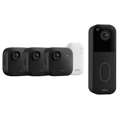 Caméras de surveillance IP d'extérieur sans fil Outdoor 2K+ supplémentaires de Blink (ensemble de 3), concentrateur système Sync Module Core et sonnette vidéo Wi-Fi 1440p