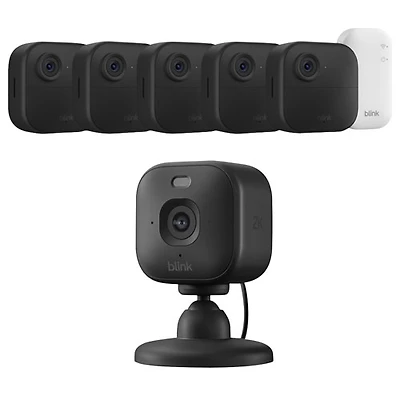 Blink Outdoor 4 5-Pack Wire-Free 1080p Full HD IP Security Camera System with Sync Module Core & Mini 2K+ Wired IP Camera -Black