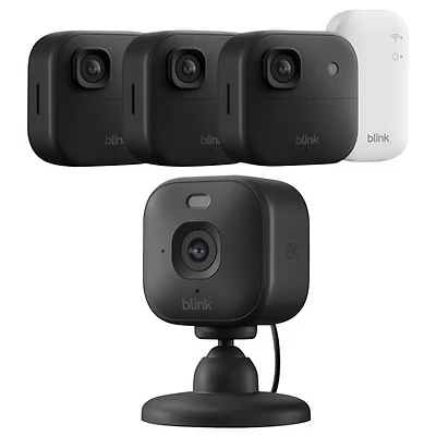 Blink Outdoor 3-Pack 2K+ Wire-Free IP Security Camera with Sync Module Core & Mini 2K+ Wired IP Camera