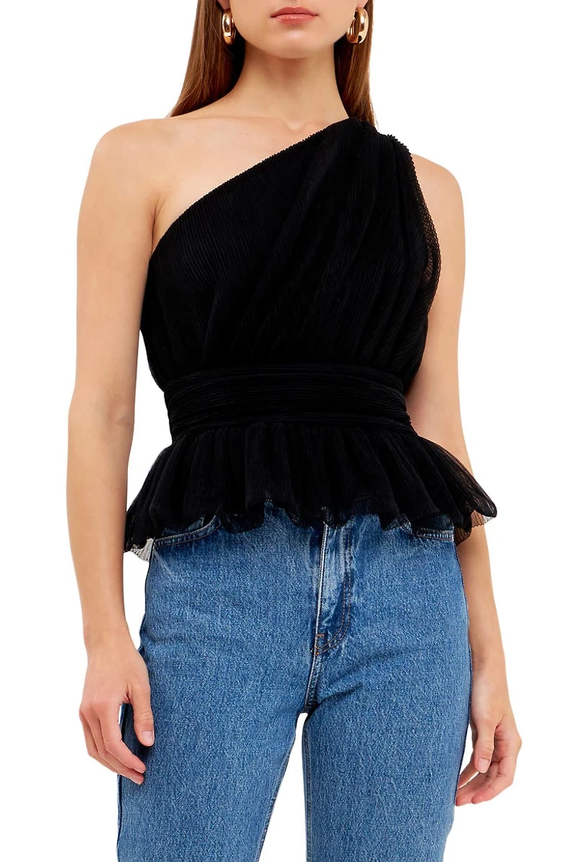 One-Shoulder Textured Tulle Top