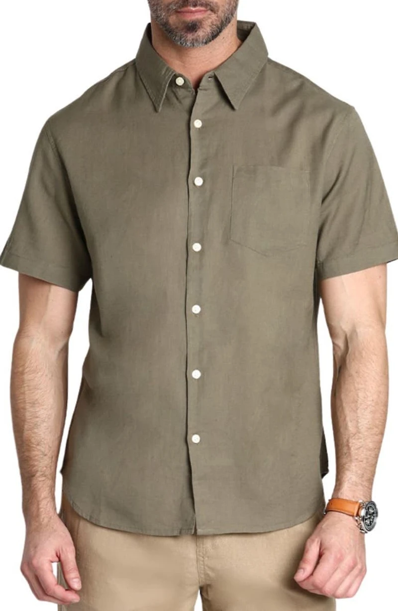 Solid Short Sleeve Cotton & Linen Button-Up Shirt