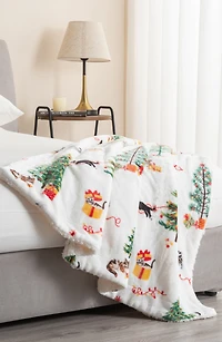 Holiday Print Reversible Faux Shearling Throw Blanket
