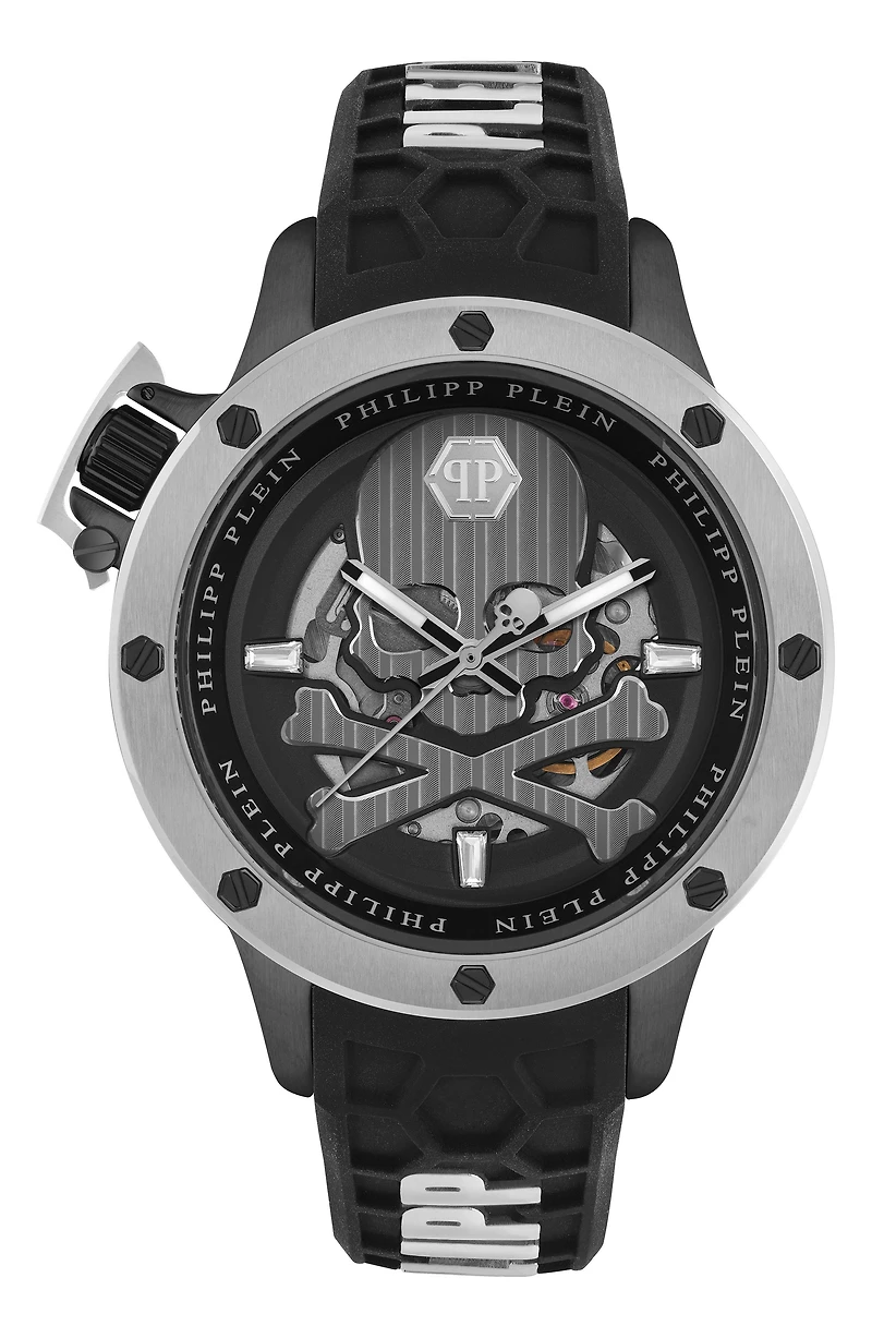 Rich Skeleton Silicone Strap Watch, 46mm