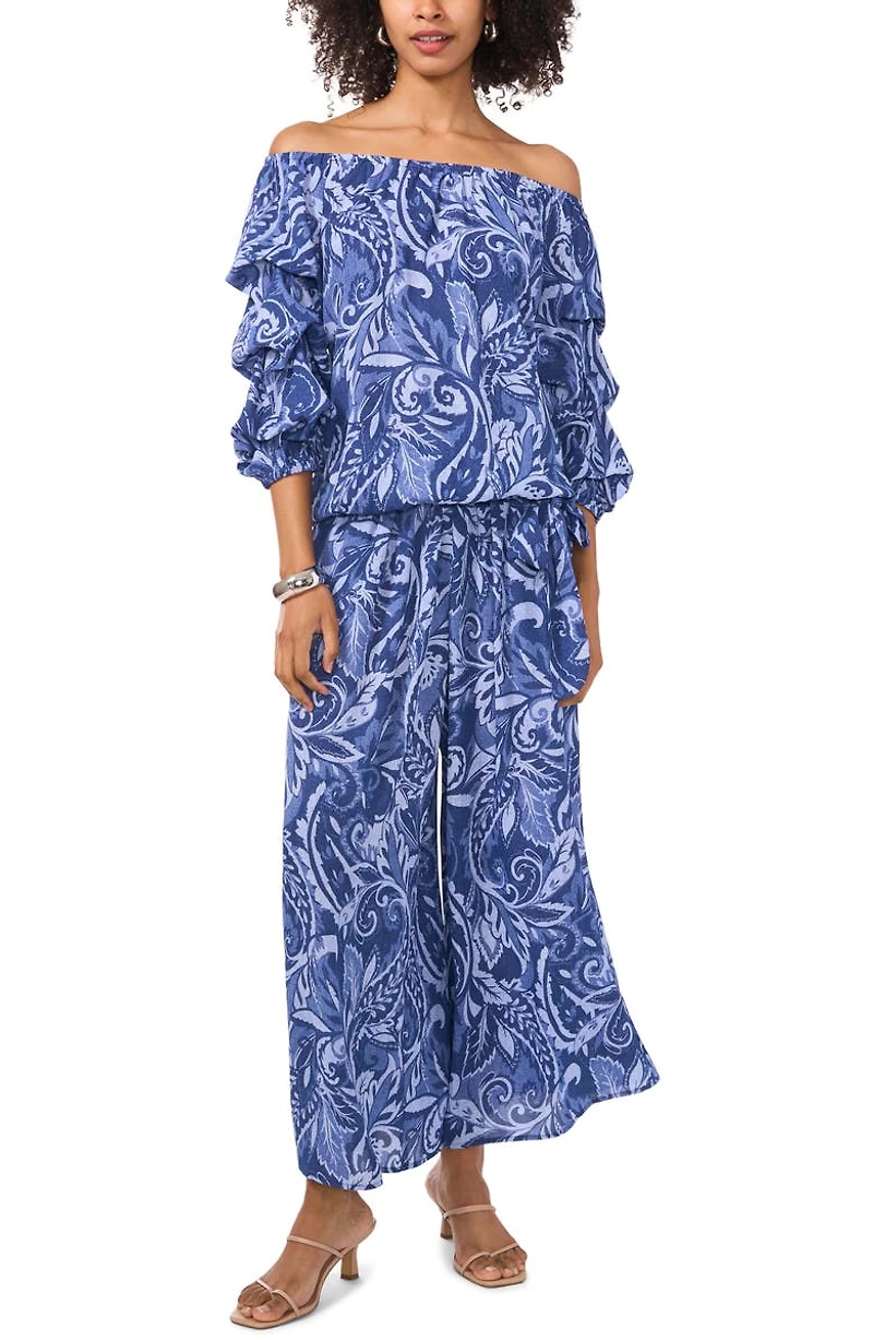 Paisley Floral Off the Shoulder Bubble Sleeve Top