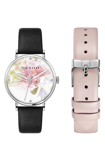Floral Dial Interchangeable Leather Strap Watch, 37mm