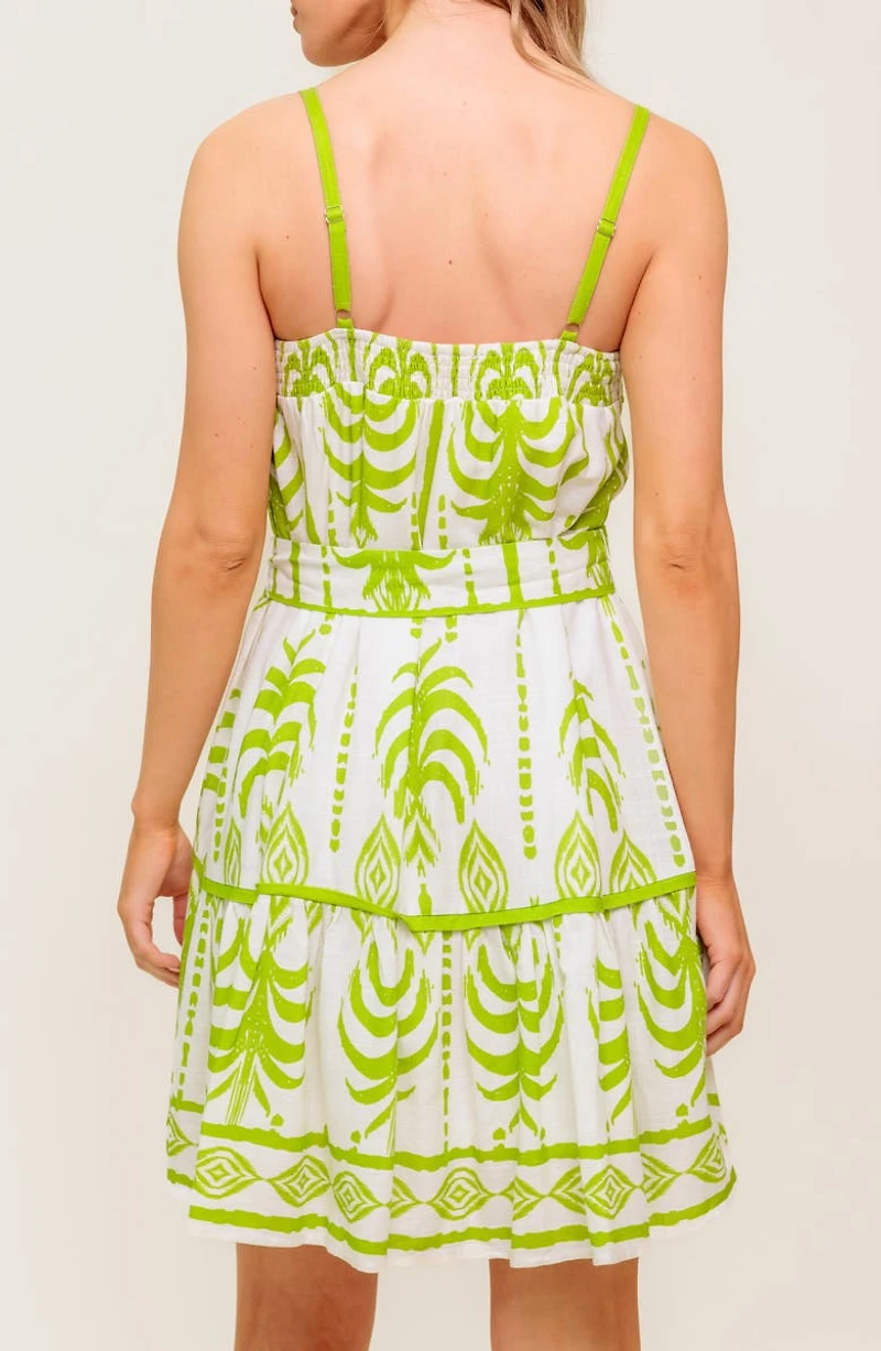 Abstract Frond Belted Linen Minidress