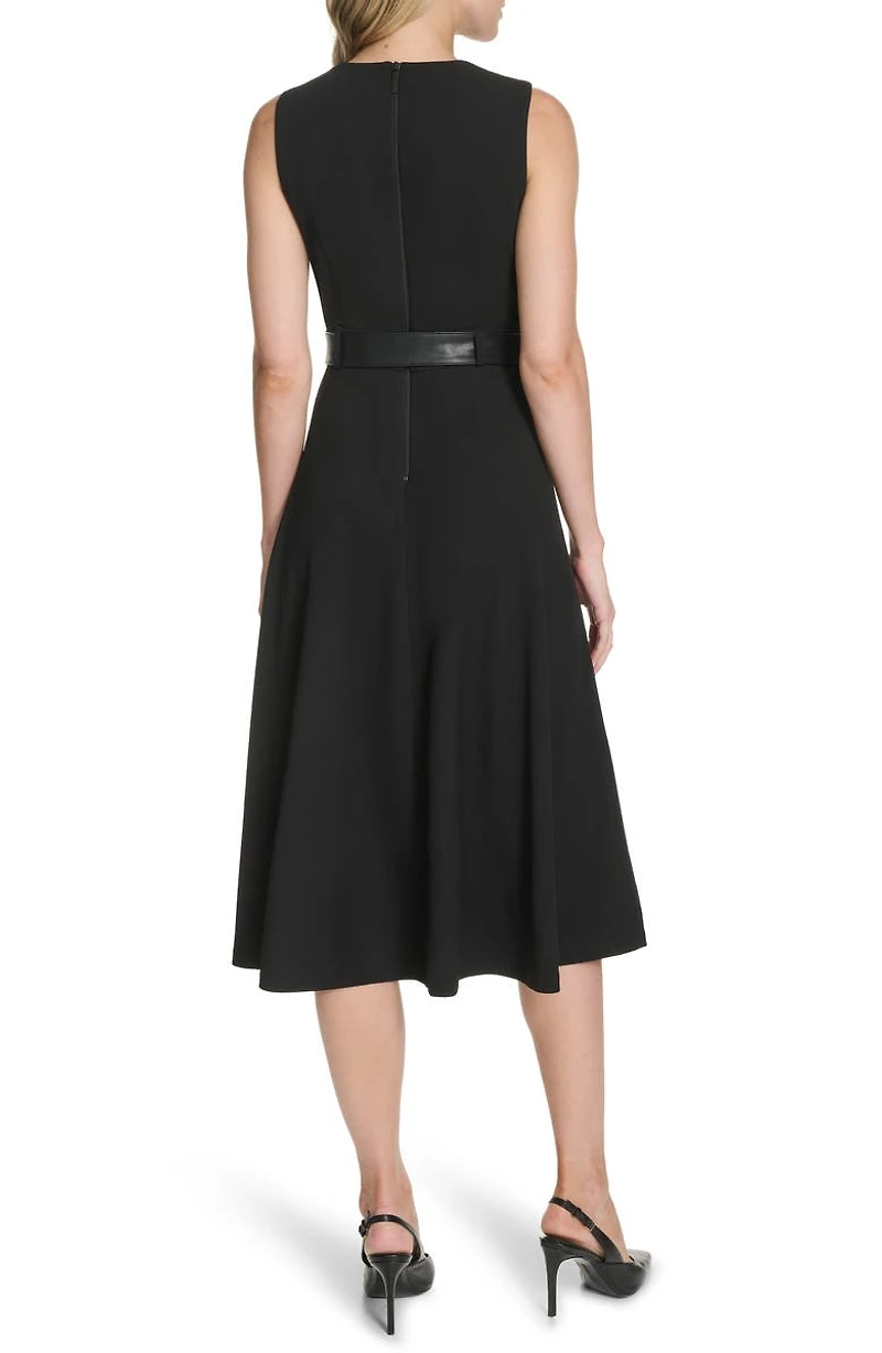 Faux Leather Belt Scuba Crepe Midi A-Line Dress