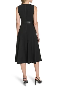Faux Leather Belt Scuba Crepe Midi A-Line Dress