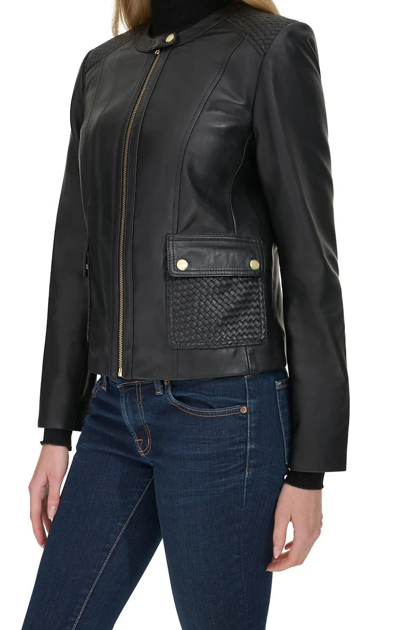 Woven Detail Leather Jacket