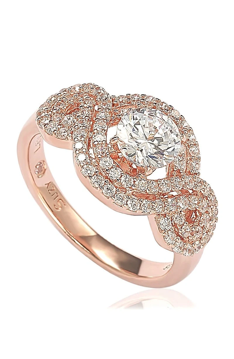 Rose Plated Sterling Silver Round Cubic Zirconia Halo Engagement Ring
