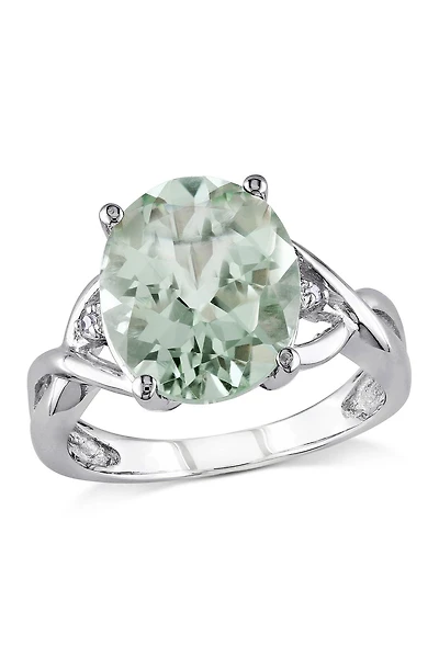 Sterling Silver Oval Prasiolite & Diamond Accent Ring - 0.01 ctw.