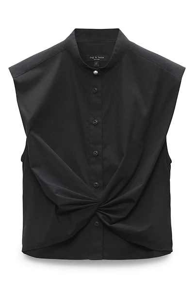 Louisa Twist Front Sleeveless Cotton Poplin Button-Up Shirt