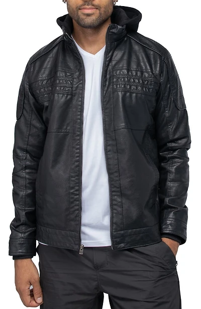 Faux Leather Hooded Moto Jacket with Fur Lining