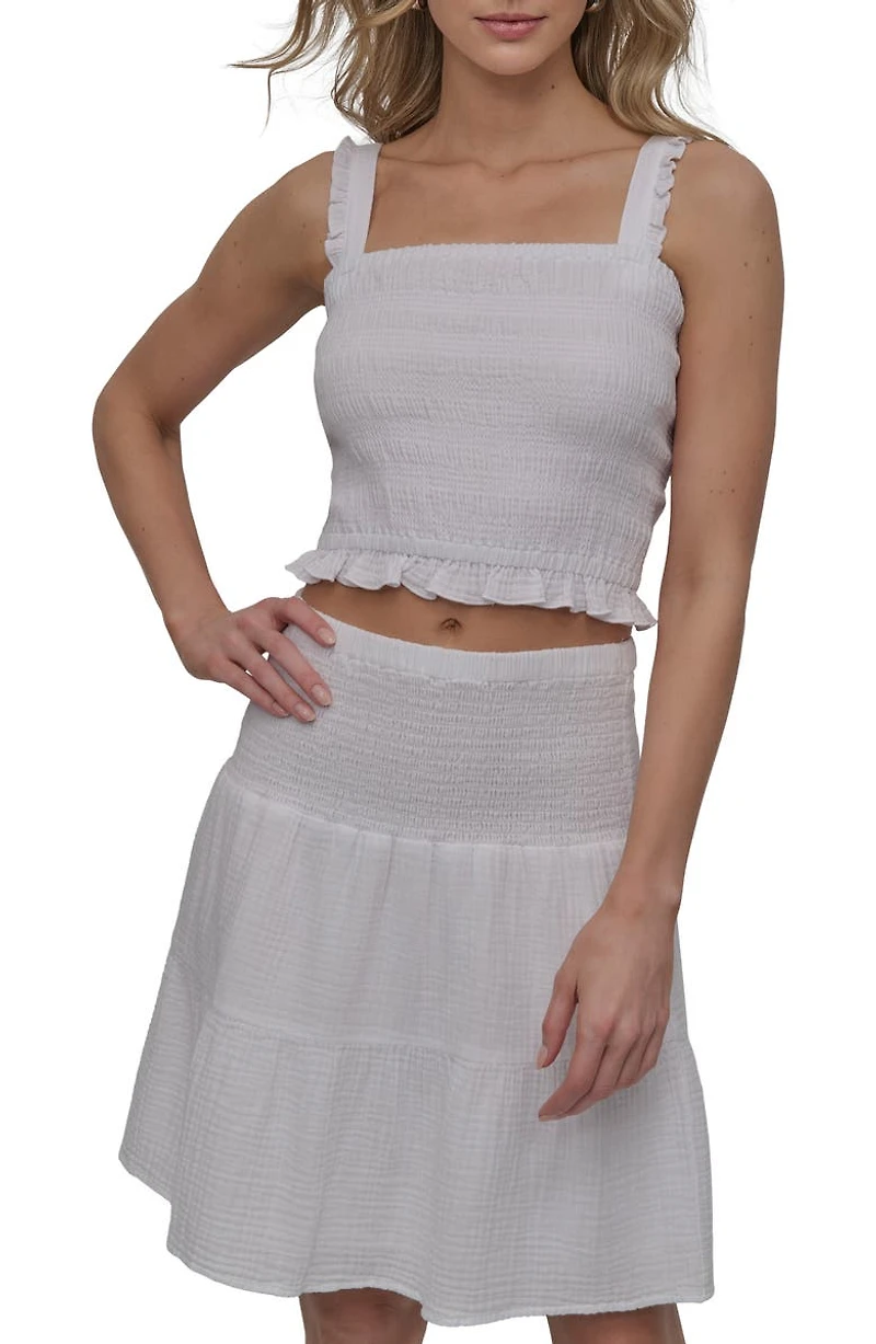 Ruffle Strap Smocked Cotton Crop Top