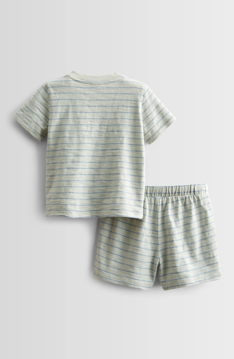 Stripe Short Sleeve Henley & Drawstring Shorts Set