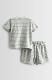 Stripe Short Sleeve Henley & Drawstring Shorts Set