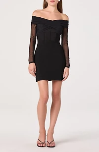 Off the Shoulder Long Sleeve Mesh Minidress