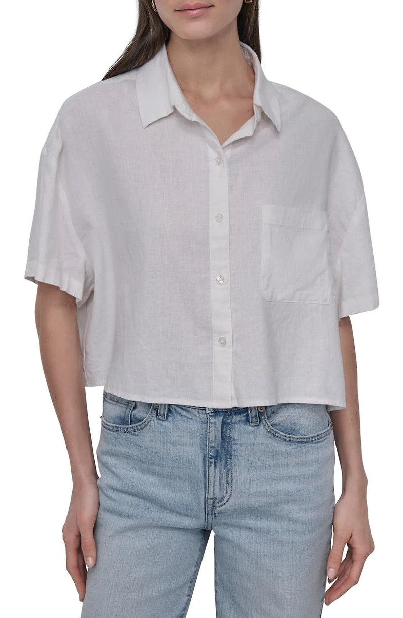 Oversize Linen Blend Crop Button-Up Shirt