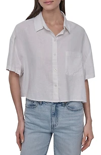 Oversize Linen Blend Crop Button-Up Shirt