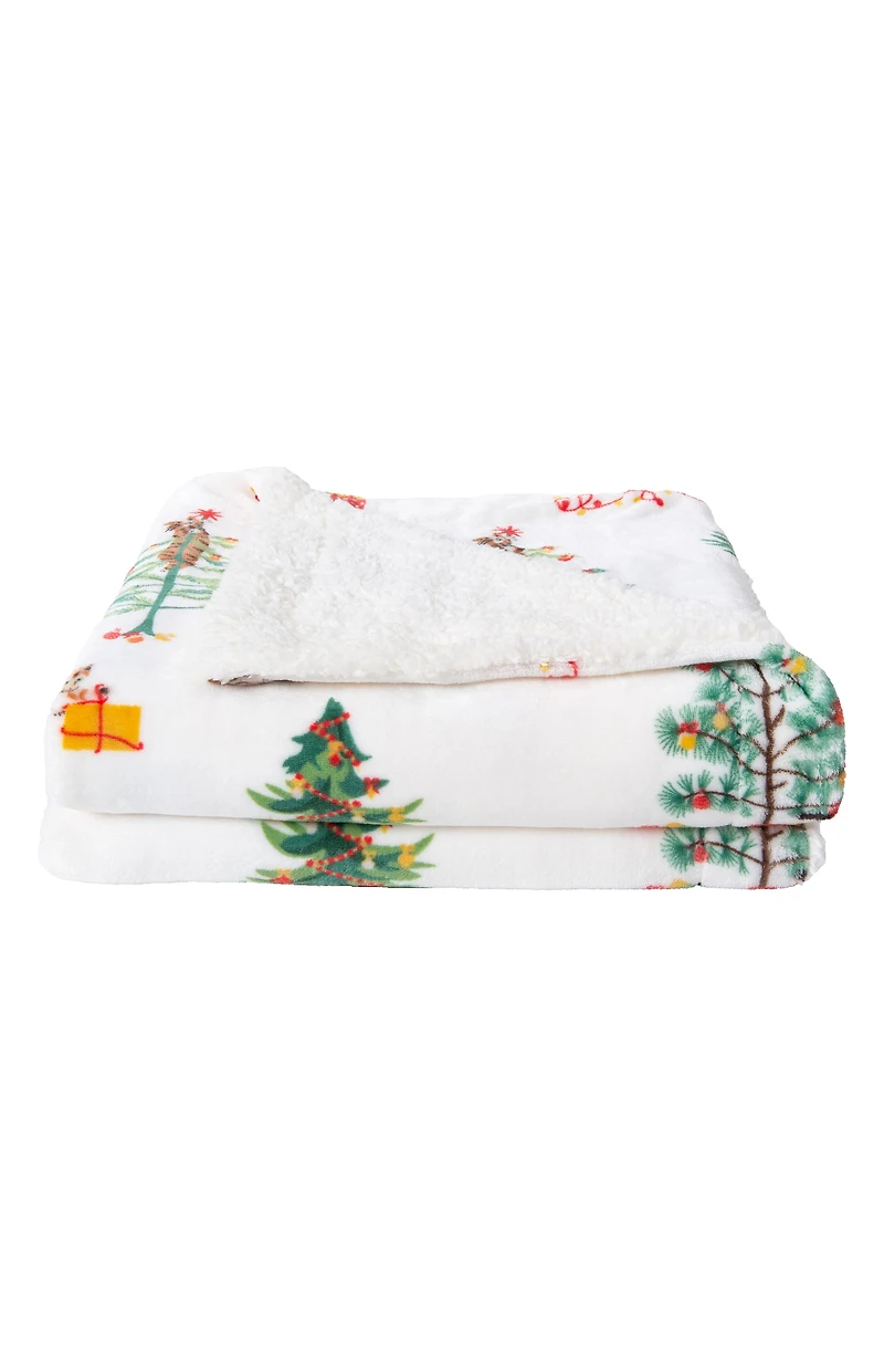 Holiday Print Reversible Faux Shearling Throw Blanket