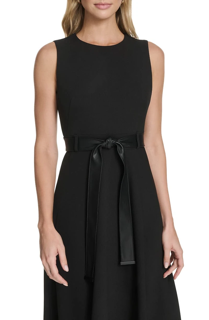 Faux Leather Belt Scuba Crepe Midi A-Line Dress